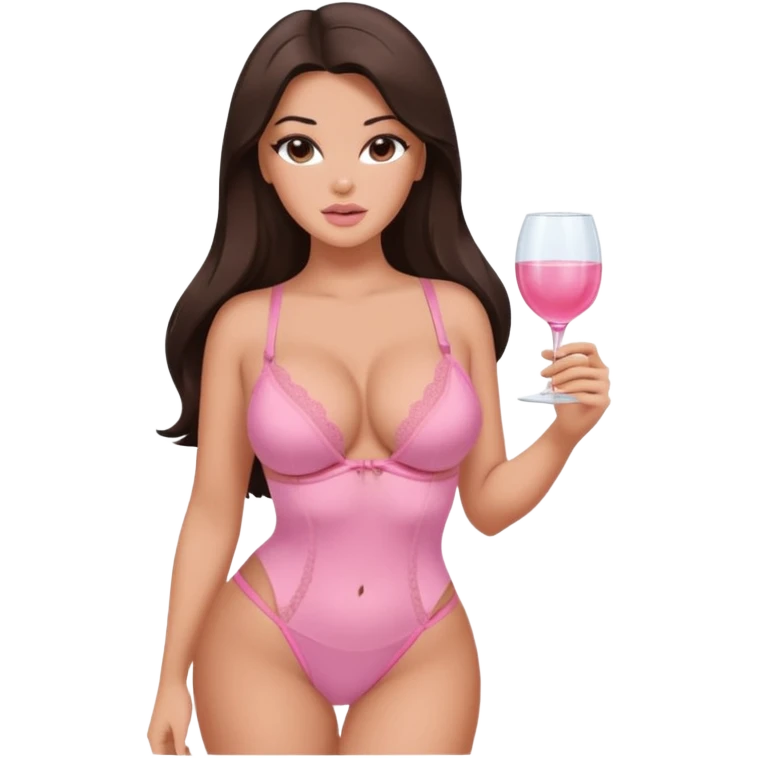 Sexy white brunette girl with long hair wearing pink lingerie and has a thick but not fat sexy build with curves make her slightly tanned with a kardashian looking makeup face. Big breasts and big thighs  emoji
