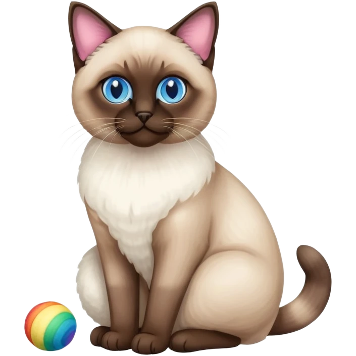 Siamese cat full body sitting with rainbow eyes and a wool ball emoji
