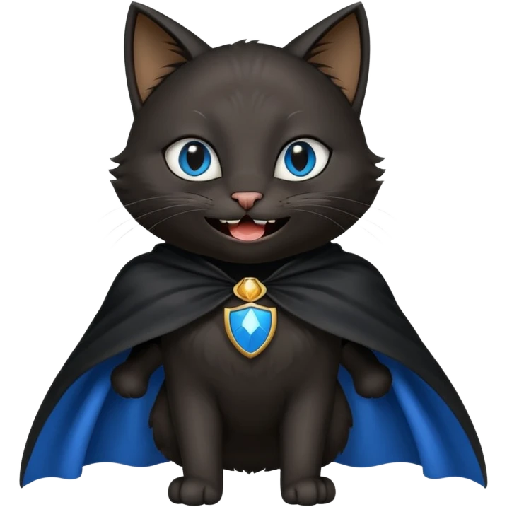 an all black anthropomorphic cat with blue eyes wears an all black cape and is smiling a mischievous sharp tooth grin emoji
