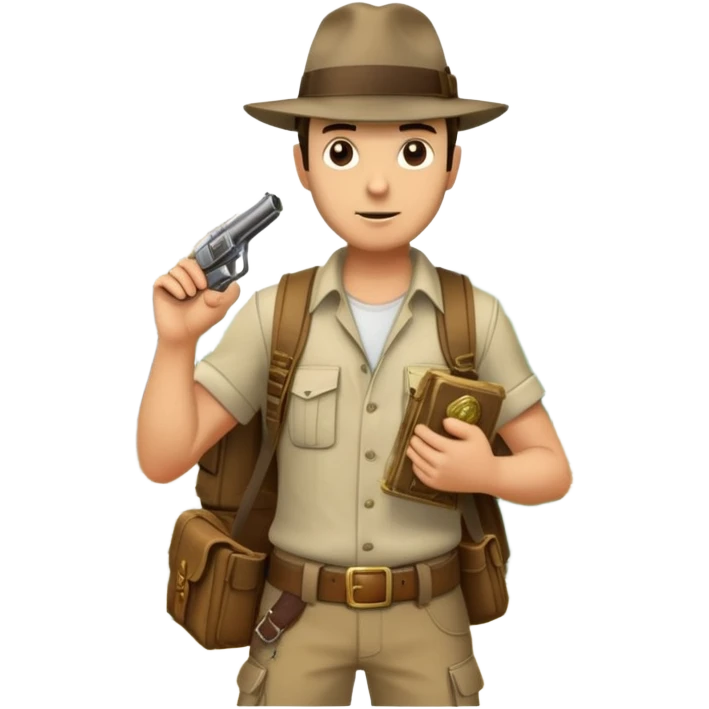 An icon inspired by adventure games like Uncharted 4, featuring a rugged explorer with a backpack, standing in front of an ancient temple or treasure. The design includes a treasure map, a pistol, and jungle foliage, symbolizing the thrill of exploration and danger. Transparent background emoji