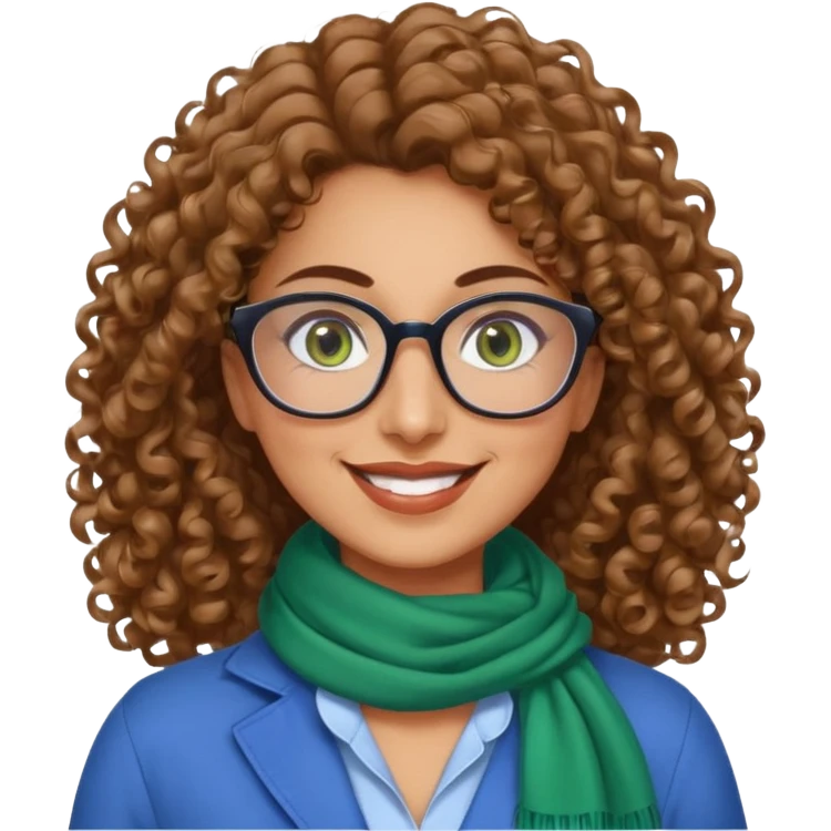 40 yr old Iranian woman, light brown very curly thick hair, shoulder length hair, green eyes, tan skin, big smile, big glasses, blue dress shirt with white scarf on neck emoji