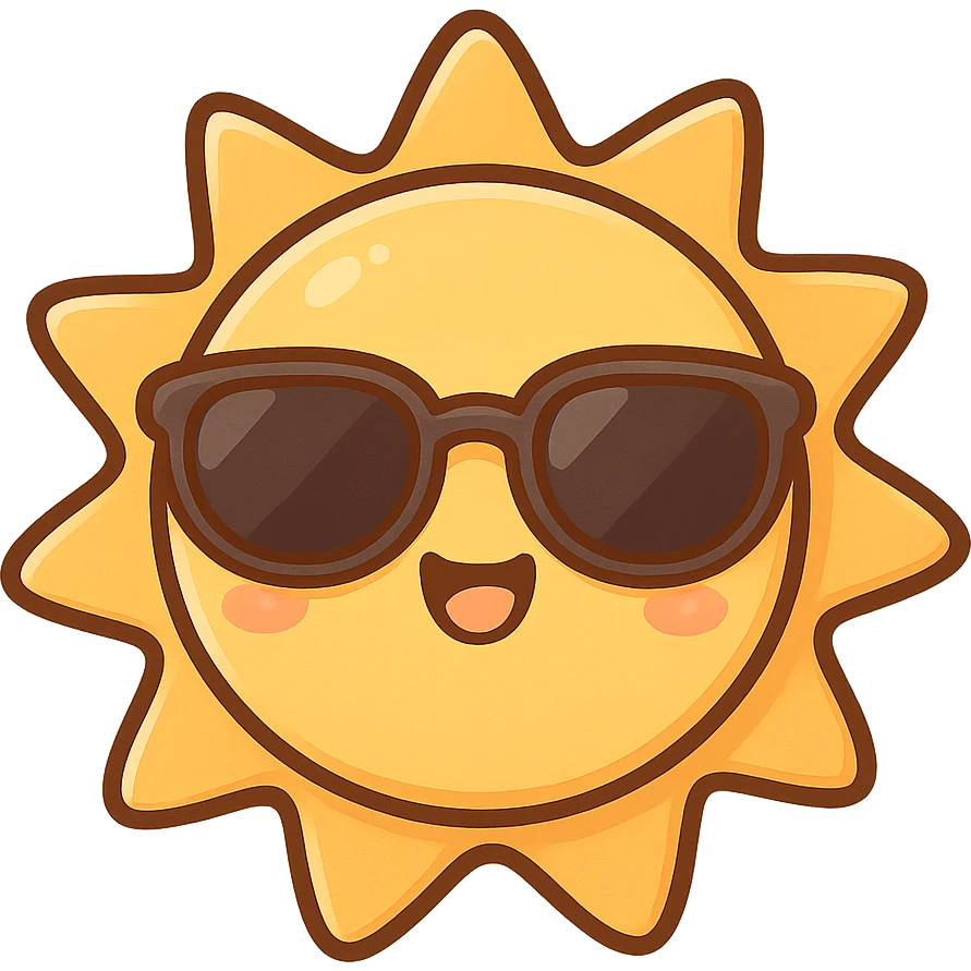 chibi sticker-style sun with sunglasses, cute and exaggerated emoji