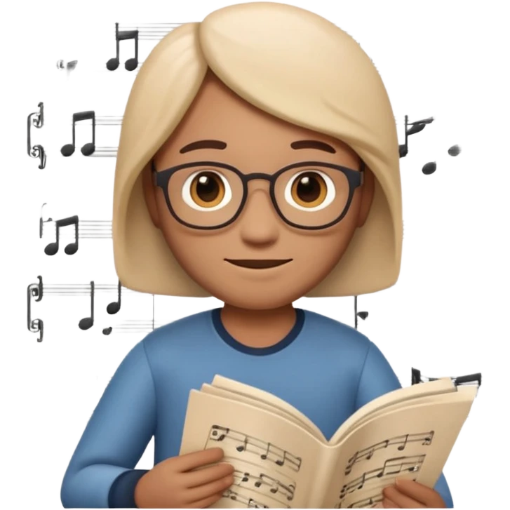 Apple Memoji-style 3D emoji of a composer holding sheet music, soft shading, rounded shapes, no background. emoji