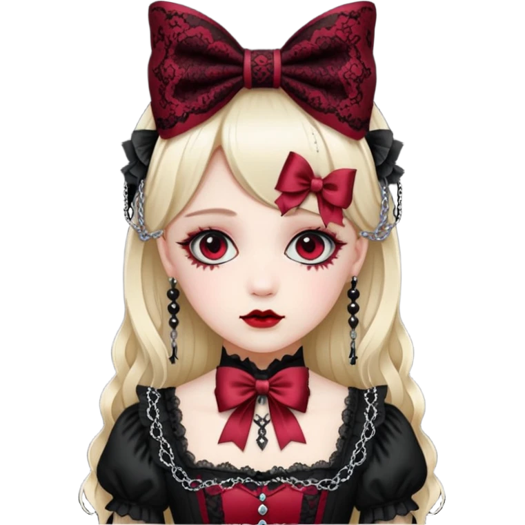 gothic lolita bow, ornate lace, black and crimson, delicate chains, Victorian influence emoji