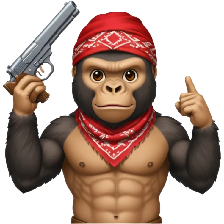 A gorilla holding a gun in the air with a bandana  emoji