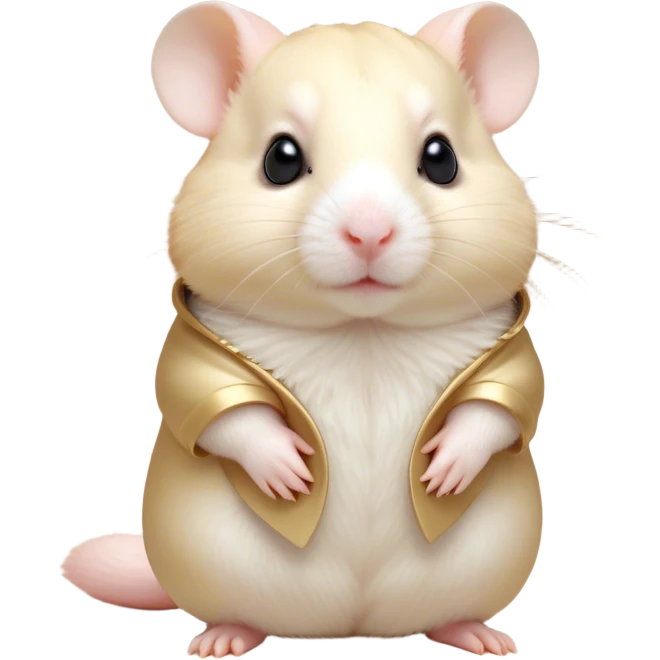 Cinematic Noble Cream Hamster Portrait Emoji, Poised and regal, with a tiny, compact build and a smooth, pristine cream coat, deep-set soulful dark eyes, Simplified yet sharp and sophisticated features, highly detailed, glowing with a soft, dignified glow, high shine, intelligent and energetic, stylized with an air of miniature elegance, focused and attentive, soft glowing outline, capturing the essence of a watchful and confident rodent, so majestic it feels as though it could scurry out of the screen with effortless authority! emoji
