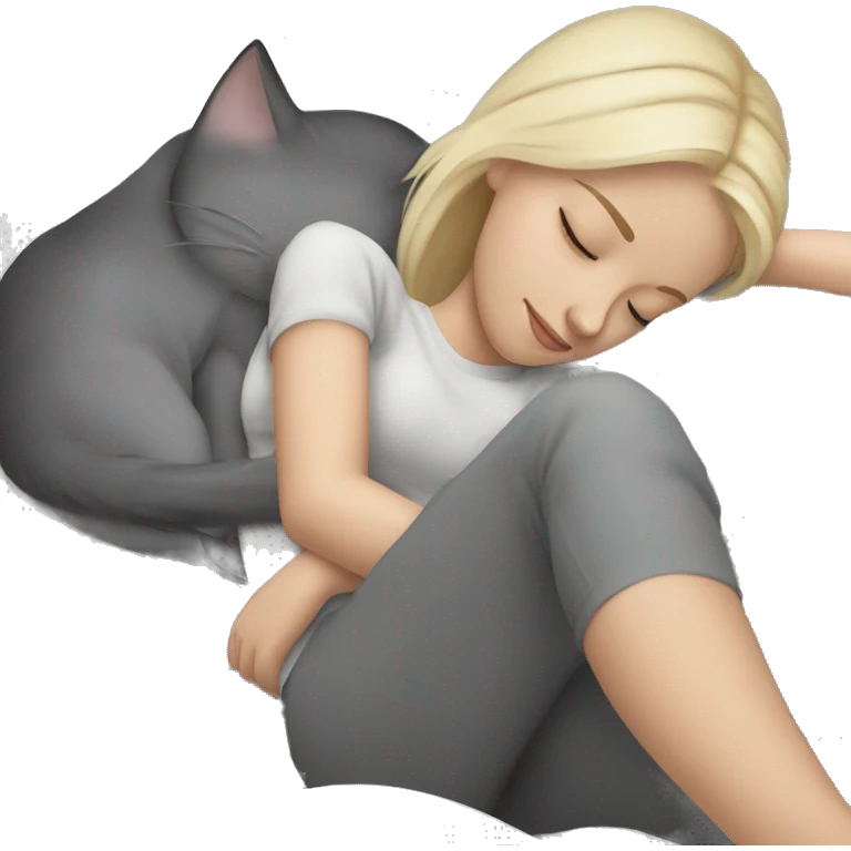 sleeping girl blonde hair laying on her side next to sleeping grey cat  emoji