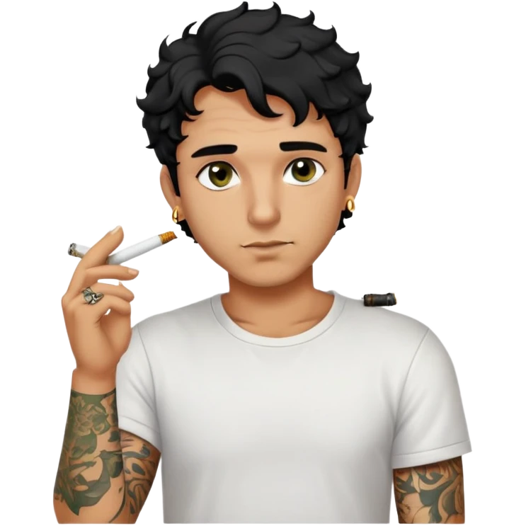 Italian man with tanned skin, curly black hair in short bob style, stubble, olive eyes, gold earring in left ear, white t-shirt, black tattoo on forearm, smoking cigarette emoji