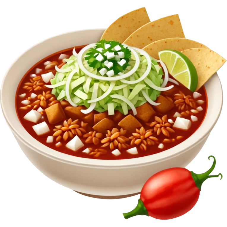 A delicious hot bowl of pozole rojo with separate sides next to the bowl: white chopped onions, green shredded cabbage, lime wedges, red chile de arbol salsa, and round tostadas emoji