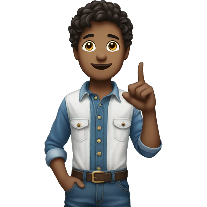 boy pointing to the sky from behind, half body, dark brown wavy hair, wearing blue jeans overalls and white shirt. emoji