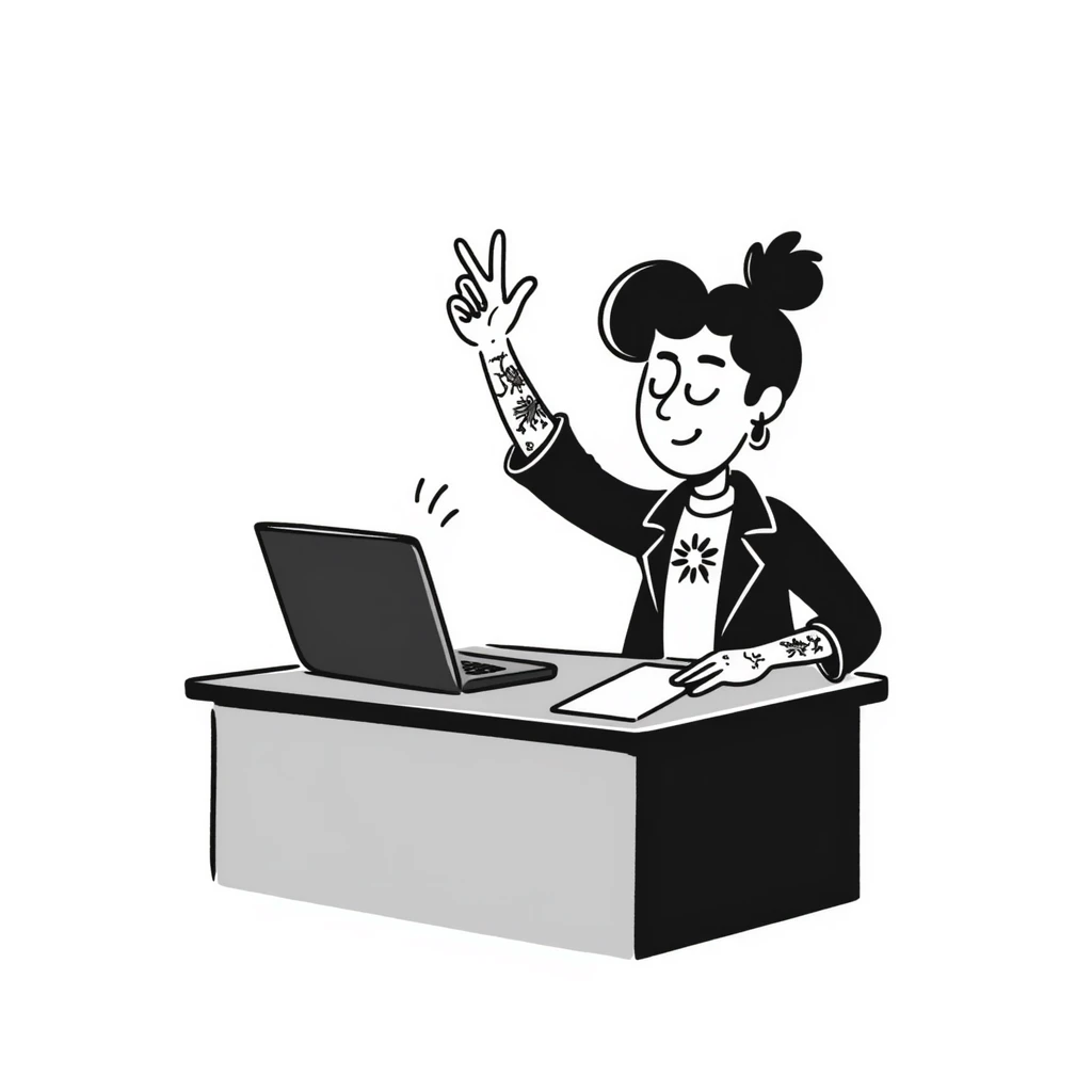 A rockstar female musician with tattoos on her arms, stylish modern haircut with shaved sides, wearing cool rocker clothes, smiling and sitting at a desk with a laptop, raising hand during class emoji