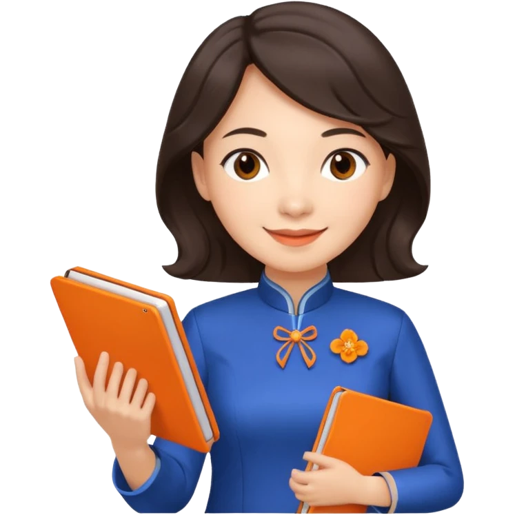 Teacher emoji but : wavy dark brown hair, light skin, no glasses, dark eyes, with a computer folder in the hand (color is orange), being a teacher, wearing a chinese qipao ( dark blue)


 emoji
