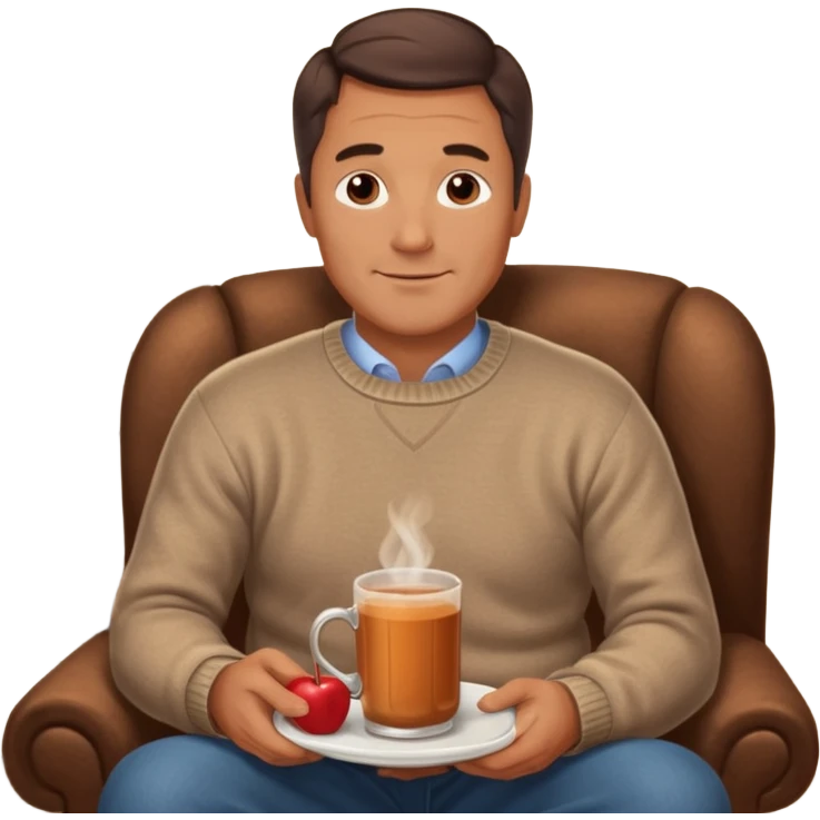 Cozy handsome 45 year old man sitting next to a nice fireplace with a hot apple cider, book, and plate of chocolate cookies. emoji