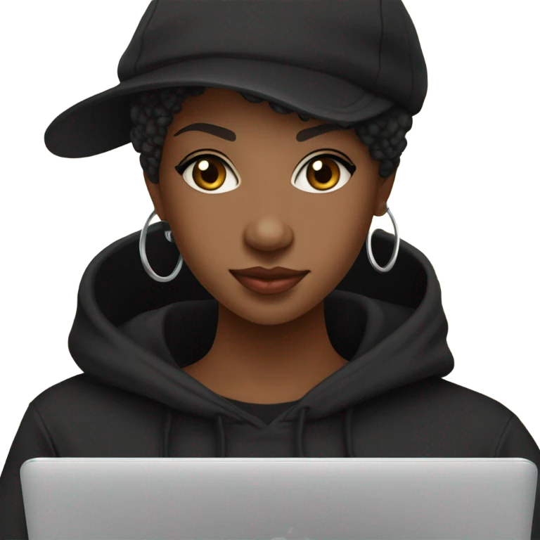 pretty african american girl with black hat and black sweatshirt hoodie pixie cut with laptop emoji