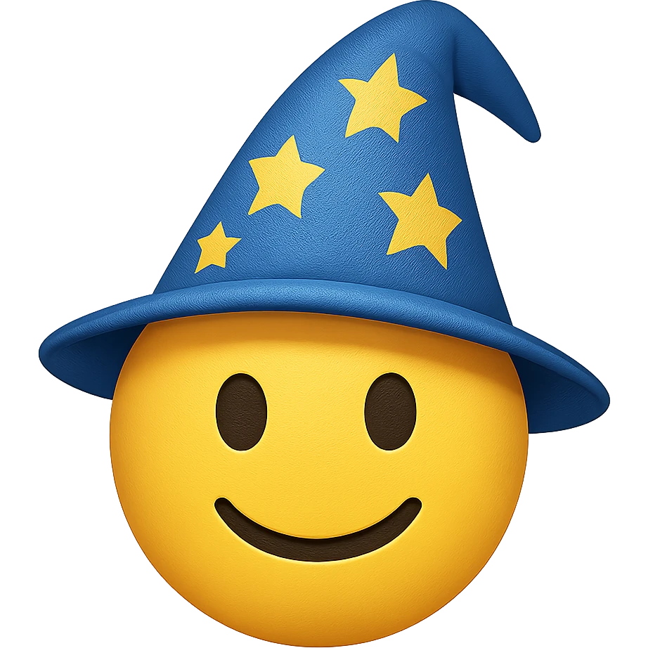 yellow face with blue wizard hat and stars emoji, digital illustration emoji