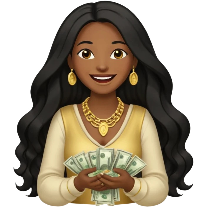 laughing dark long haired woman holding lots of money emoji