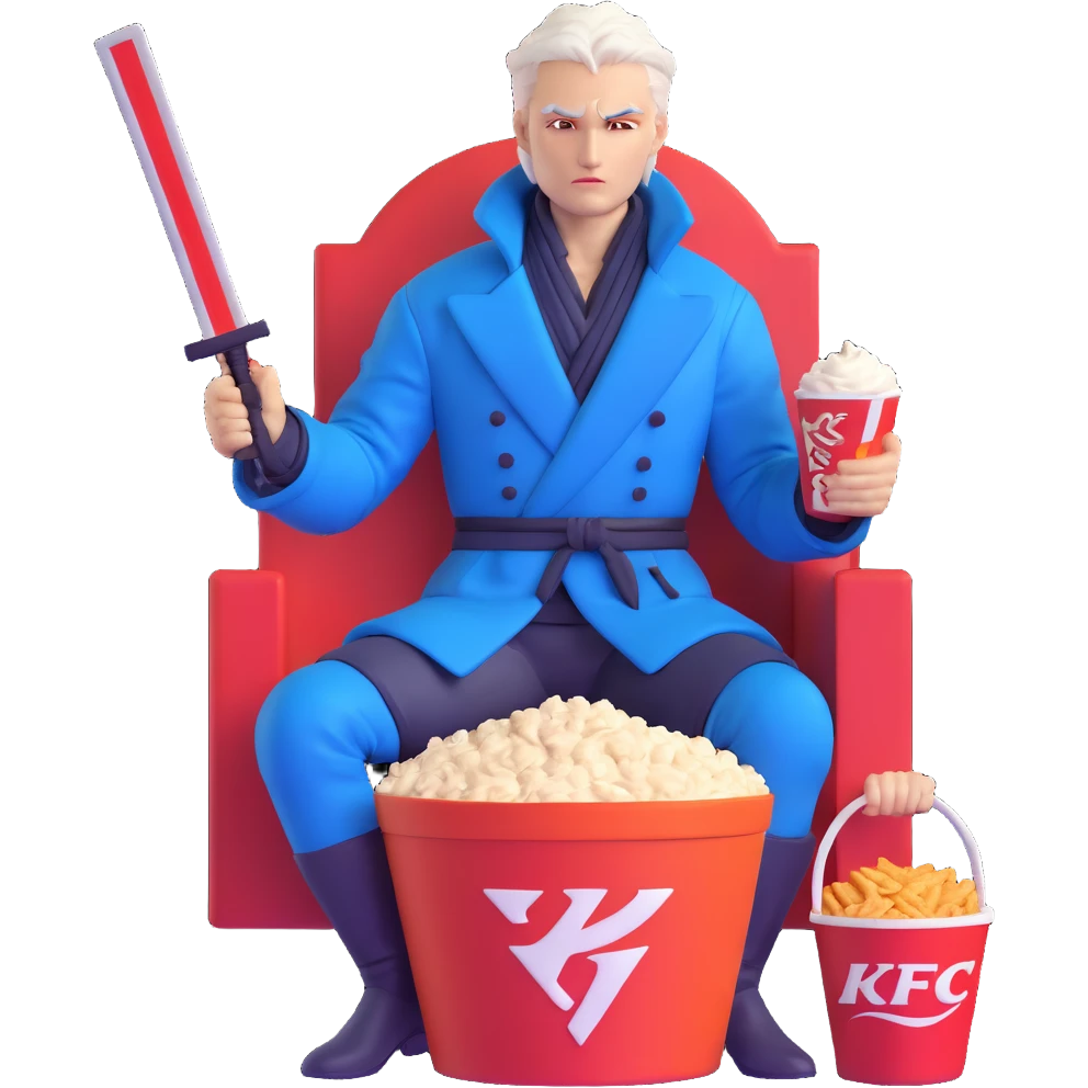 Vergil from Devil May Cry sitting in a KFC bucket, blue coat, white hair, katana emoji
