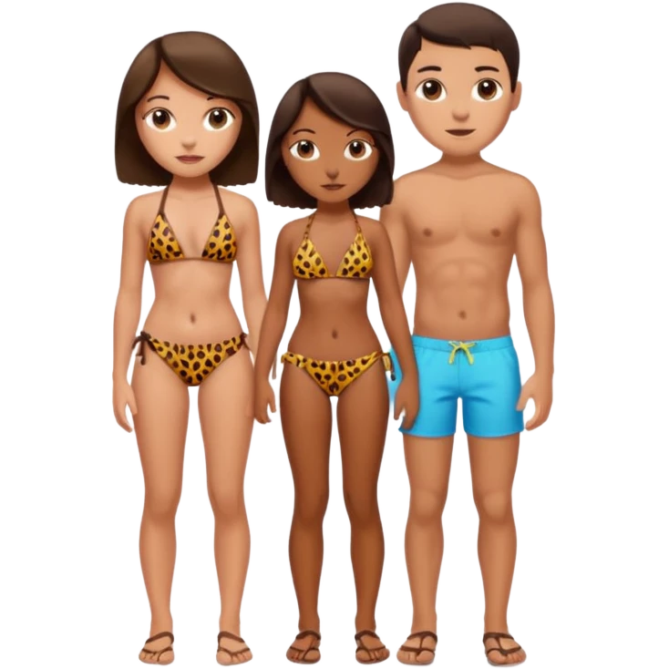 a girl wearing leopard print bikini standing with a boy wearing shorts both brunette emoji