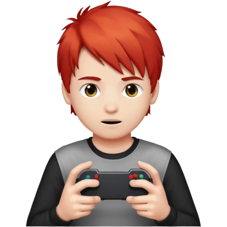 One boy with half gary and half red hair with no eyes playing a video game in mobile  emoji