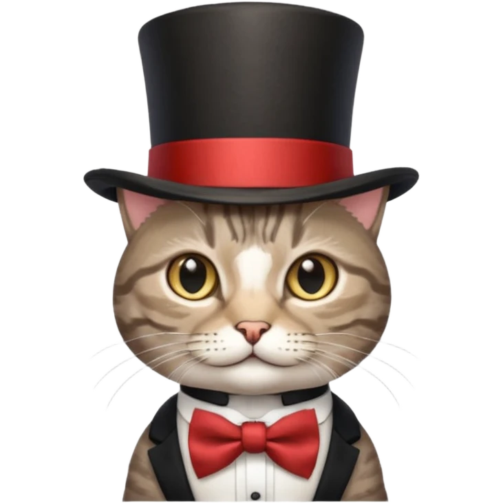 Grey tabby cat in top hat and bow tie emoji