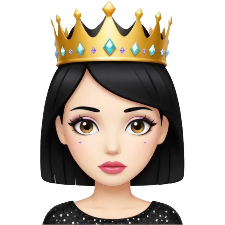 Chica con pelo negro y labios gruesos maquillada hermosa con una corona de brillos y un top negro moderno  emoji