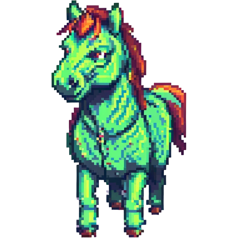 Make the green horse look angry in pixel art style with no background. emoji