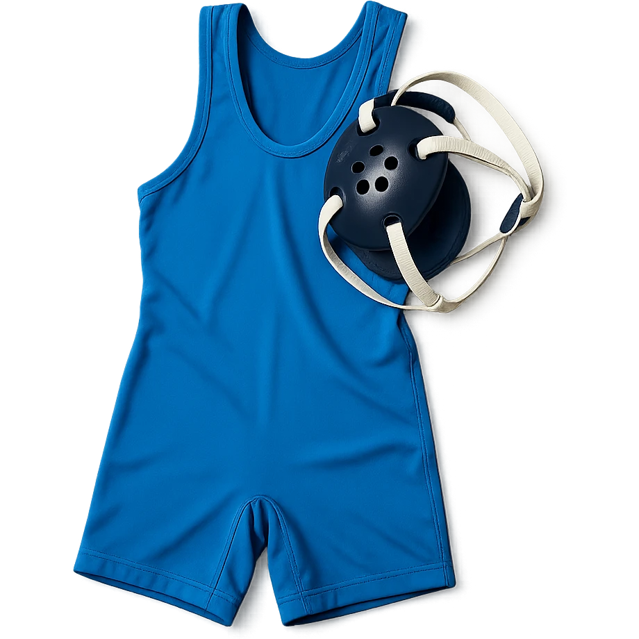 realistic icon of a wrestling singlet uniform, bright blue, brightly lit, spread out as if loosely laying on a table, with a set of wrestling headgear laying loosely on top, slight variation in fold or angle, isolated on transparent background emoji