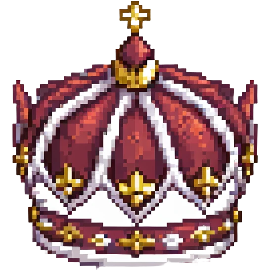 maroon crown with black, gold, and white accents, sparkling effect, pixel art style emoji