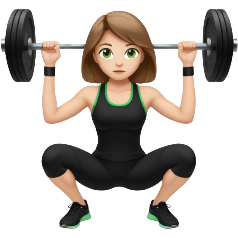 Beautiful woman with light brown shoulder length hair popping a squat without any weights. Make her with a little lighter, brown hair and green eyes. Make her fair skinned and wearing a black workout suit. emoji