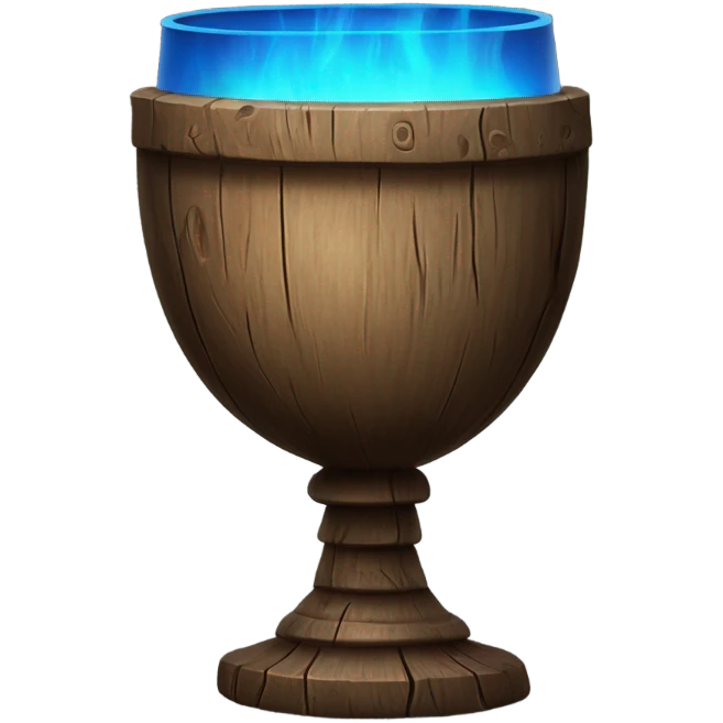 A magical goblet, large and imposing, made of aged wood with a smooth surface. It emits a kind of blue fire, standing out as a symbol of power and mystery. emoji