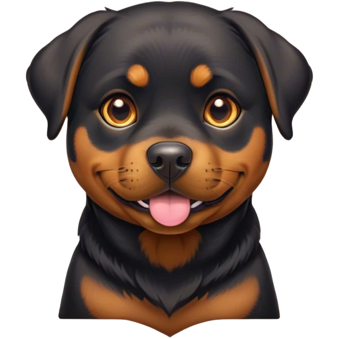 Cinematic Cute Rottweiler Portrait Emoji, Head tilted playfully and inquisitively, featuring a glossy black coat with distinct tan accents, round, sparkling brown eyes filled with curiosity, Simplified yet irresistibly adorable features, highly detailed, glowing with a warm, friendly glow, high shine, affectionate and lively, stylized with a touch of whimsy, bright and endearing, soft glowing outline, capturing the essence of a mischievous yet loving companion, so playful it feels like it could bound out of the screen and into your arms! emoji