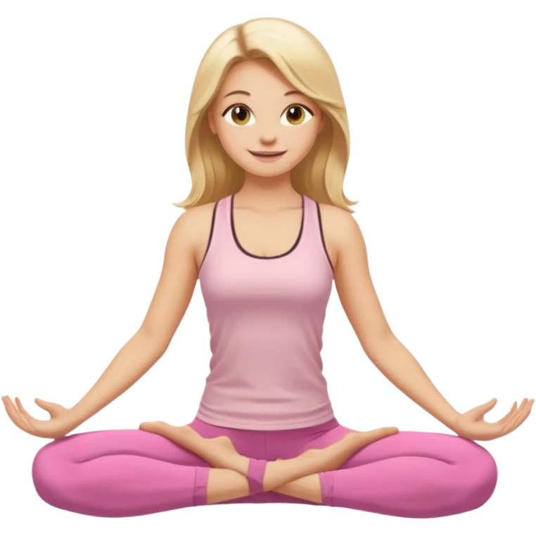Create a young woman with long blonde hair, golden eyes, and medium-light skin tone, wearing a light pink tank top and leggings. She should be doing yoga, with a smile emoji