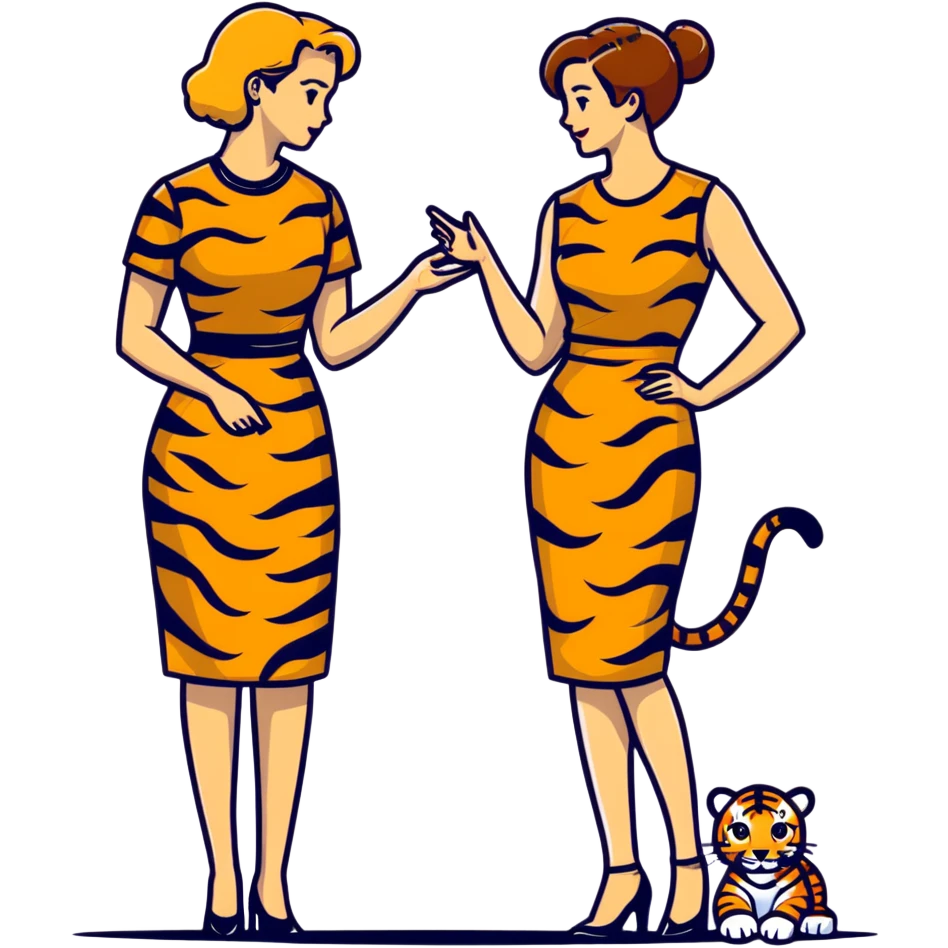 Two women chatting, dressed in leopard print and tiger print dresses emoji
