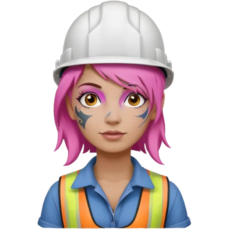 construction worker woman pink hair, white helmet and face tattoo emoji