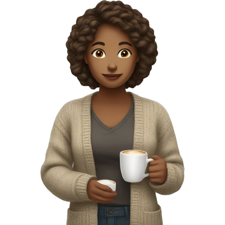 A young woman wearing cardigan and siping coffee emoji