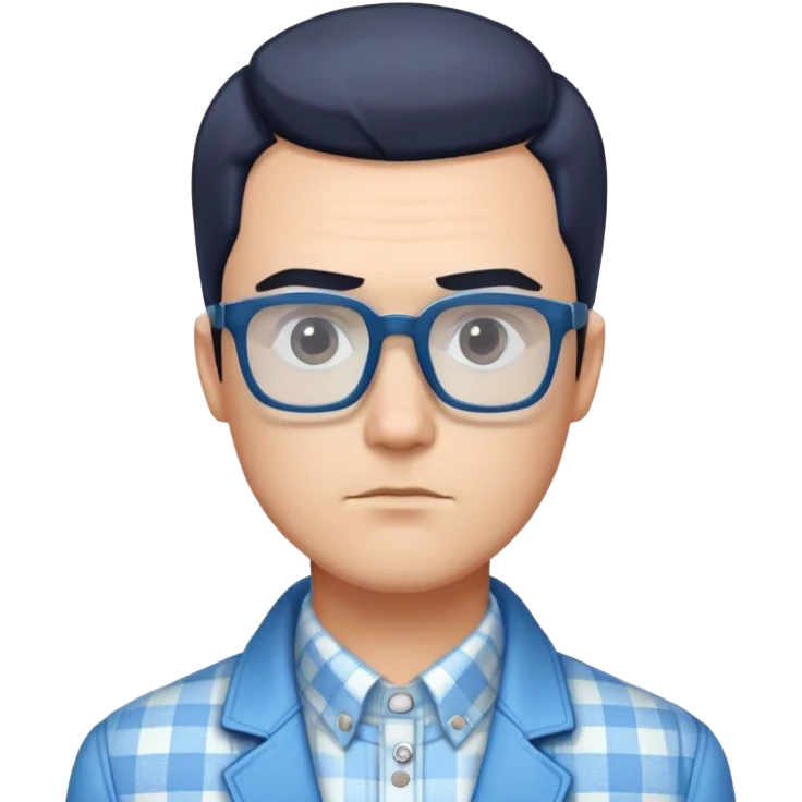 Man with square face, large dark square glasses, short straight hair combed to the side. Serious-relaxed expression. Light blue jacket, white shirt with blue checkered pattern. emoji