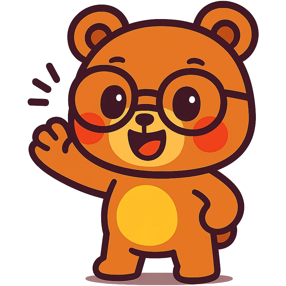 chibi bear with glasses waving bye, happy, animated style, cute and vibrant emoji