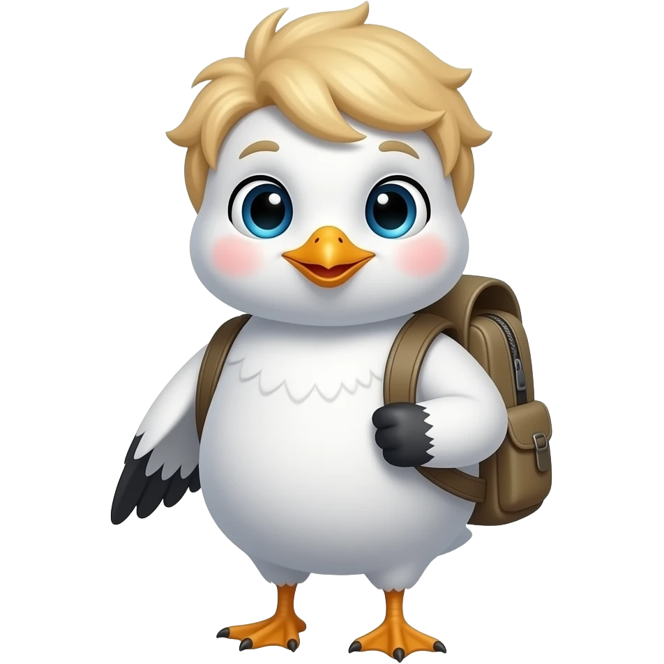 Seagull girl with blonde hair  attending preschool with baby back pack without the classroom background eliminate girl in the background put the blonde hair on baby seagull emoji