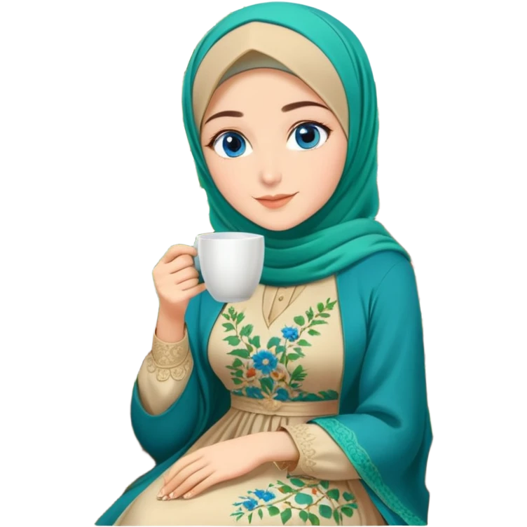 Turkish beautiful finish Konya girls blue eyes with Beautiful beige green floral hijab long tail dress and this two friends sit in a lovely garden on the chair on the ground and holds cup coffe with her hand  emoji