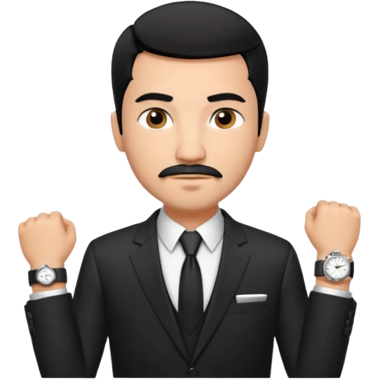 Roupa: terno preto moderno e bem ajustado, com camisa social branca sem gravata (para dar um ar mais contemporâneo), cinto de couro preto e relógio prateado. Tom de pele: médio quente
Cabelos: curtos e bem penteados PRETOS
Rosto: com bigode e cavanhaque leve, expressão firme e confiante. PRETOS emoji