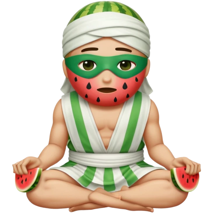Create an emoji sitting cross-legged, wearing a completely white toga (no stripes). The emoji is blindfolded with a green and white striped cloth covering its eyes. A half watermelon is placed on top of its head. The emoji should look distressed or cold emoji