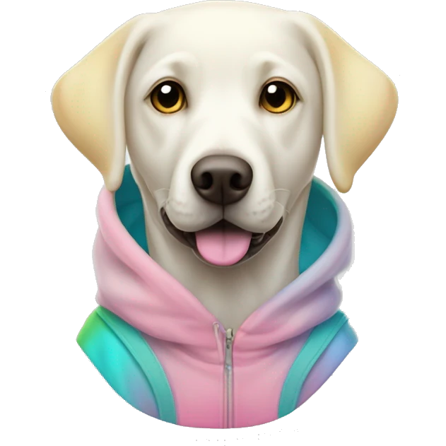 a very white labrador wearing a color dye hoodie with pink yellow light blue and green emoji