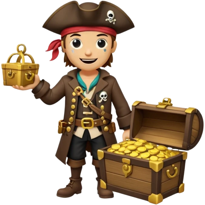 A 3D cartoon pirate character with one eye covered by a black eye patch, holding a treasure chest filled with gold coins and jewels, standing on sandy ground, wearing a pirate hat and coat, warm sunset lighting, realistic Memoji-style rendering. emoji