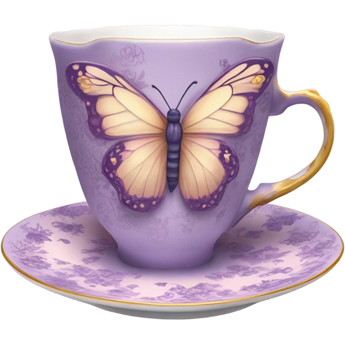 A delicate butterfly with pastel pink wings, resting on the edge of a purple porcelain teacup adorned with intricate violet floral patterns. emoji