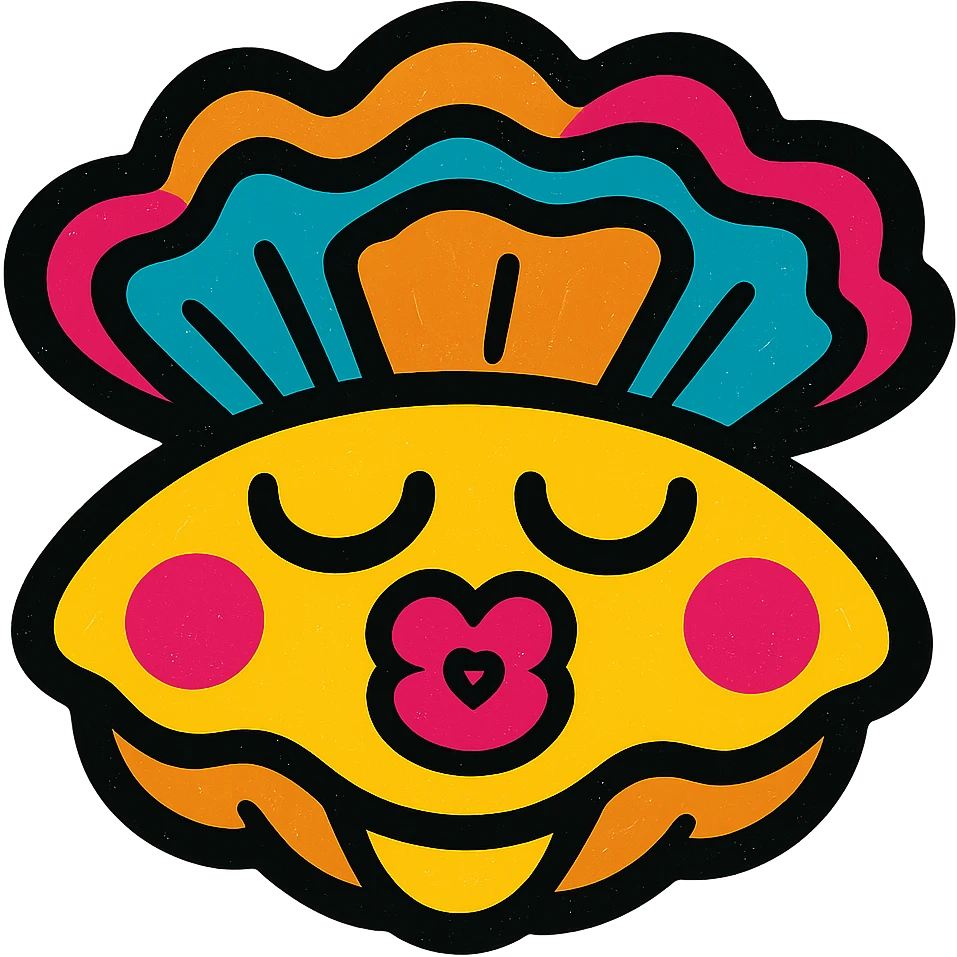 Cute oyster with a kissing expression (heart-shaped lips) in pop colors style, transparent background. emoji