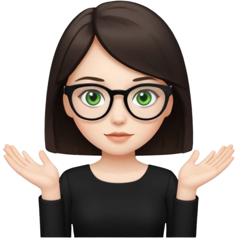 a cute white brunette girl with green eyes in a black dress wearing glasses  with two hands  emoji
