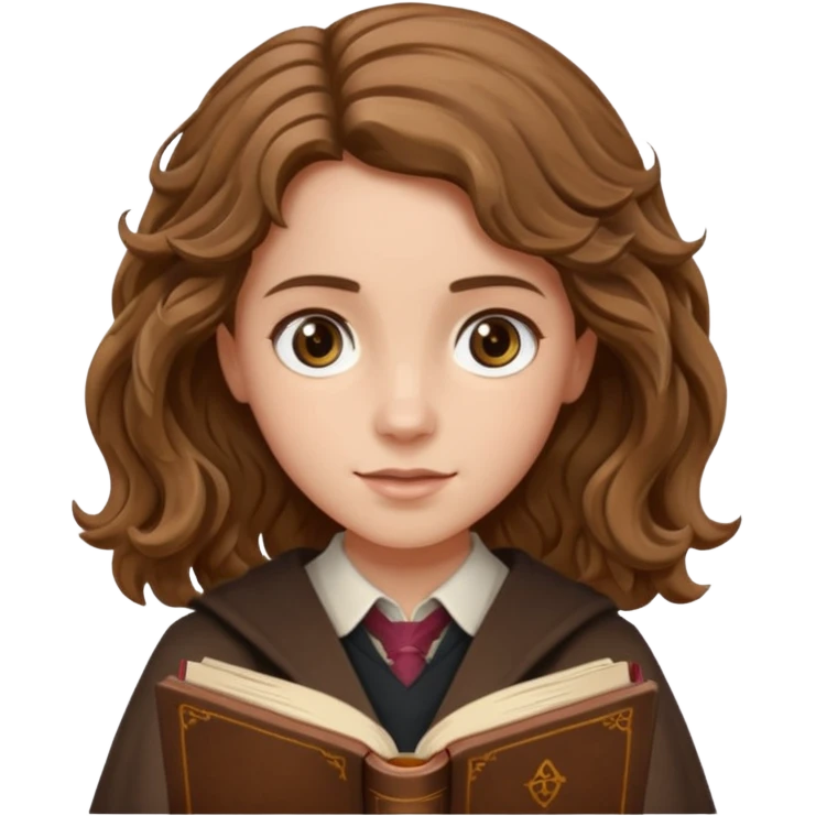 Hermione Granger with wavy hair and brown book in hand  emoji