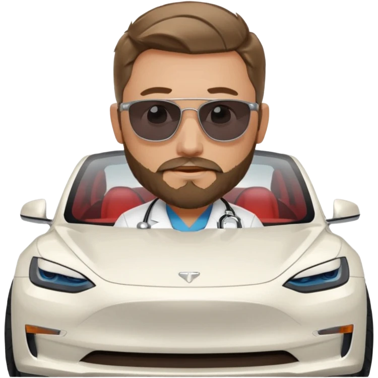 White tesla model 3 and one cool physician with dark blond hair, beard, stetoscope and dark sunglasses next to it emoji