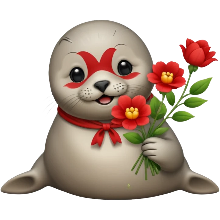 Blushing Happy seal holding red flowers emoji
