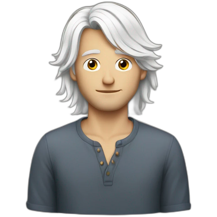 Insecure european guy with mid long white hair wearing a shirt emoji